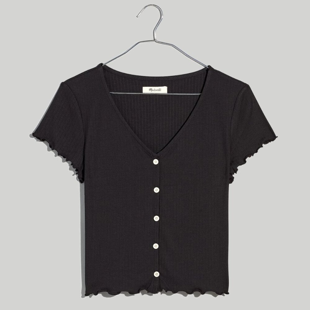 Madewell Ribbed Button-Front V-Neck Tee in True Black (Size XXS)